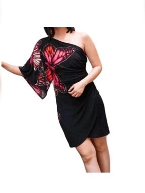 Y2K Bisou Bisou Butterfly Wrap Dress Womans Size 4 One Shoulder Ruched Party